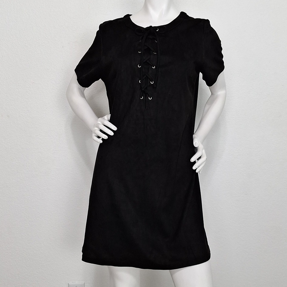 Glamorous 70's Black Grunge Romantic Goth Faux Suede Lace Up Mini Dress Size L